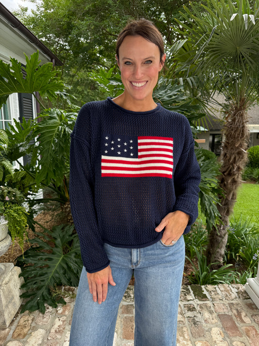 Americana Navy Blue Flag Crochet Knit Top