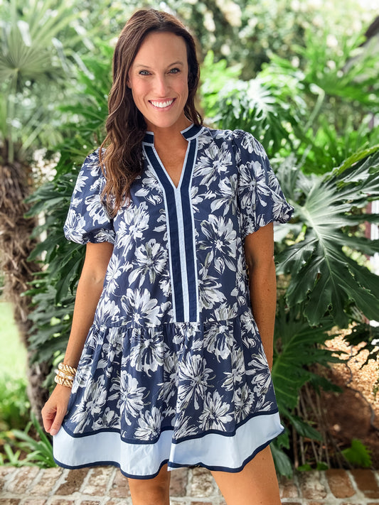 Dutton Navy Floral Print Bubble Sleeve Dress