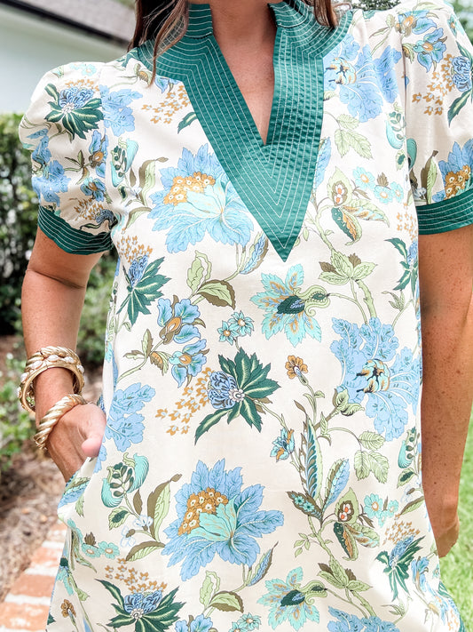 Jessie Floral Short Sleeve Mini Dress- Ecru