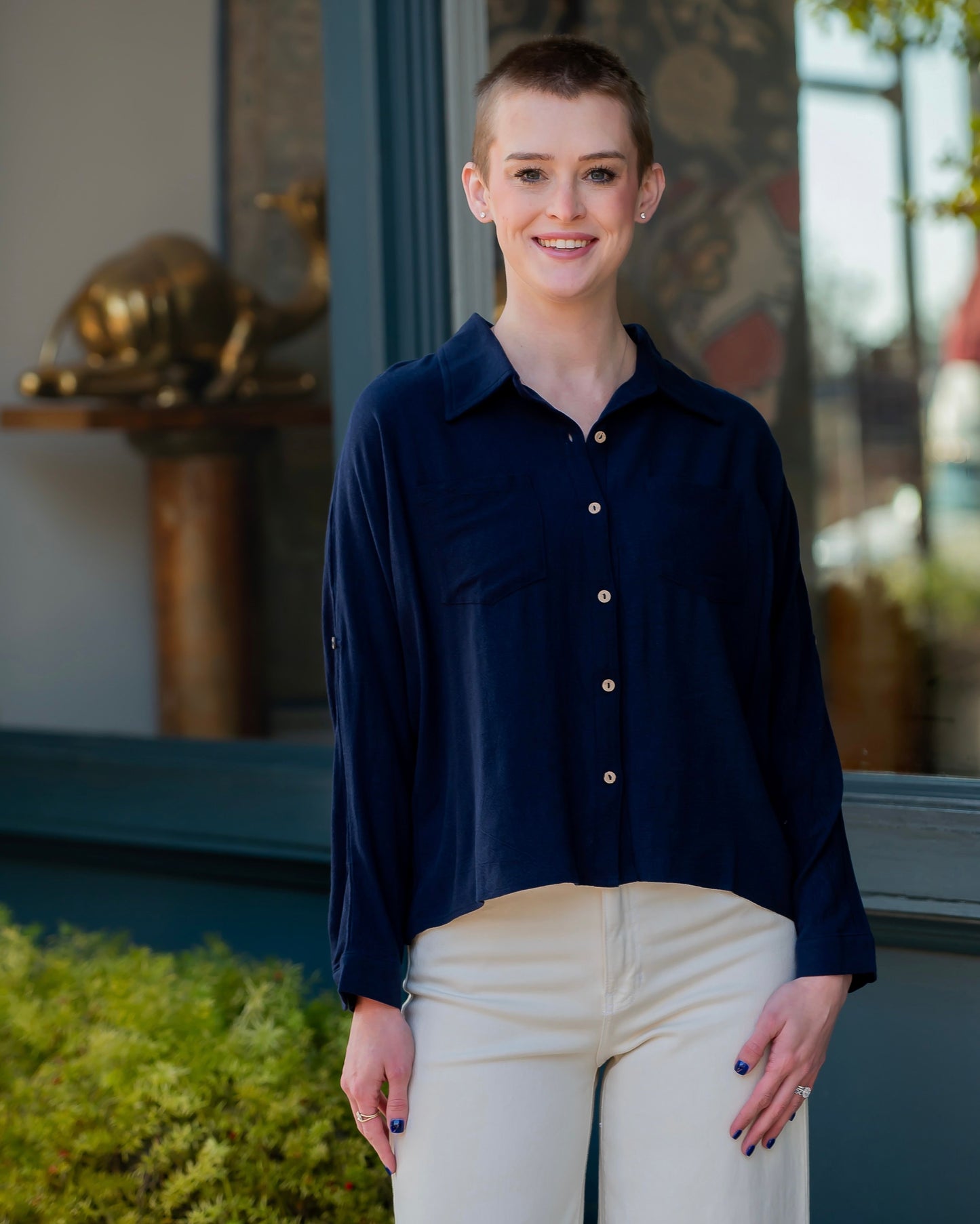 Lola Linen Long Sleeve Button Down Top-Navy