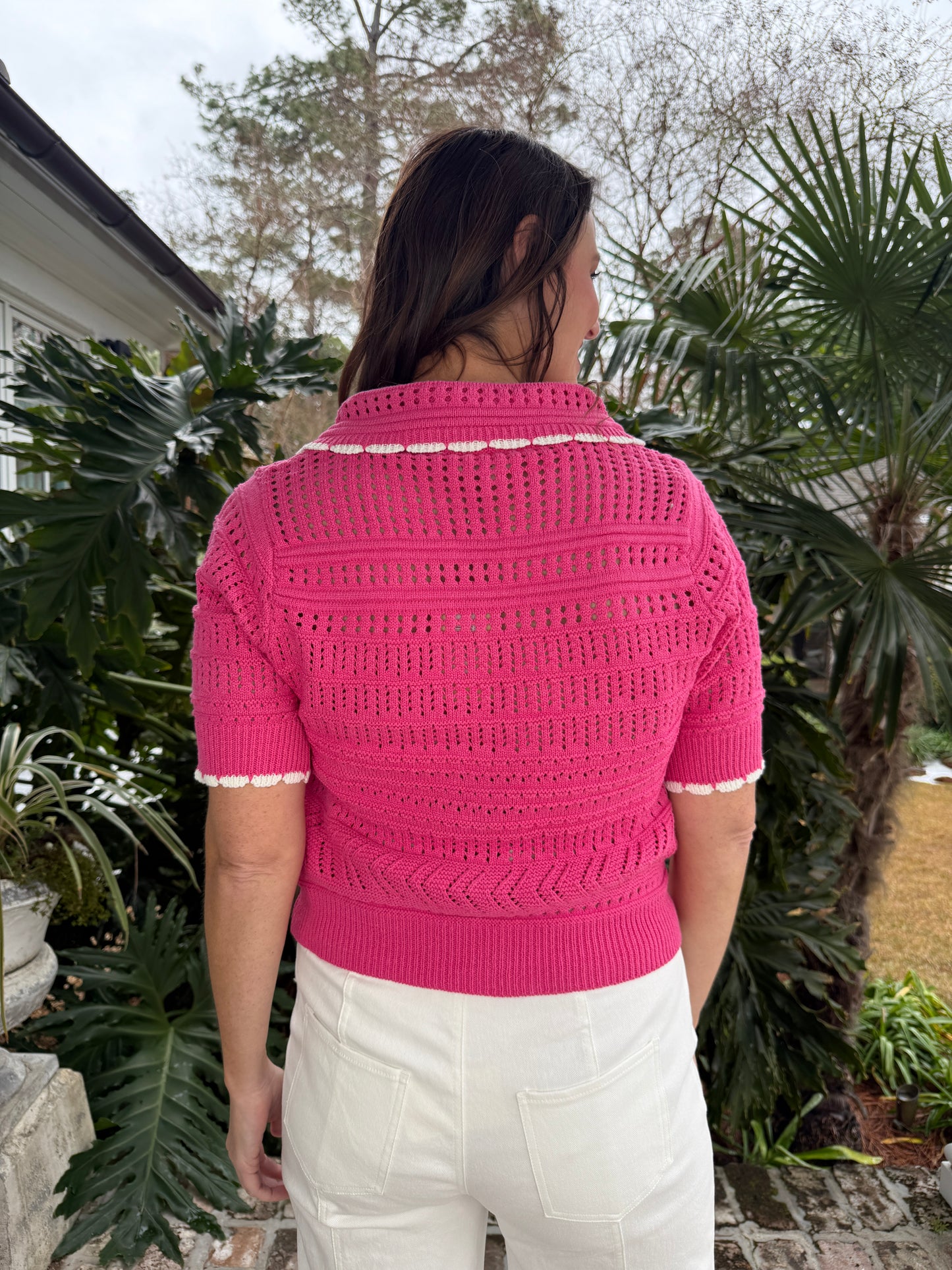 Plan On Pink Short Sleeve Crochet Sweater