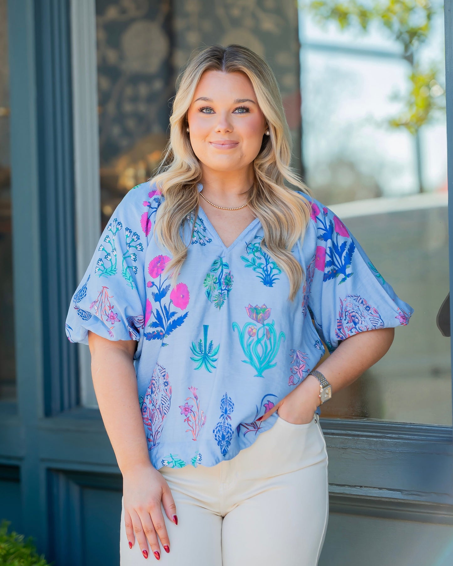 Coralville Floral Print Top-Periwinkle Mix