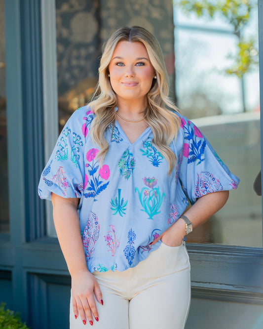 Coralville Floral Print Top-Periwinkle Mix