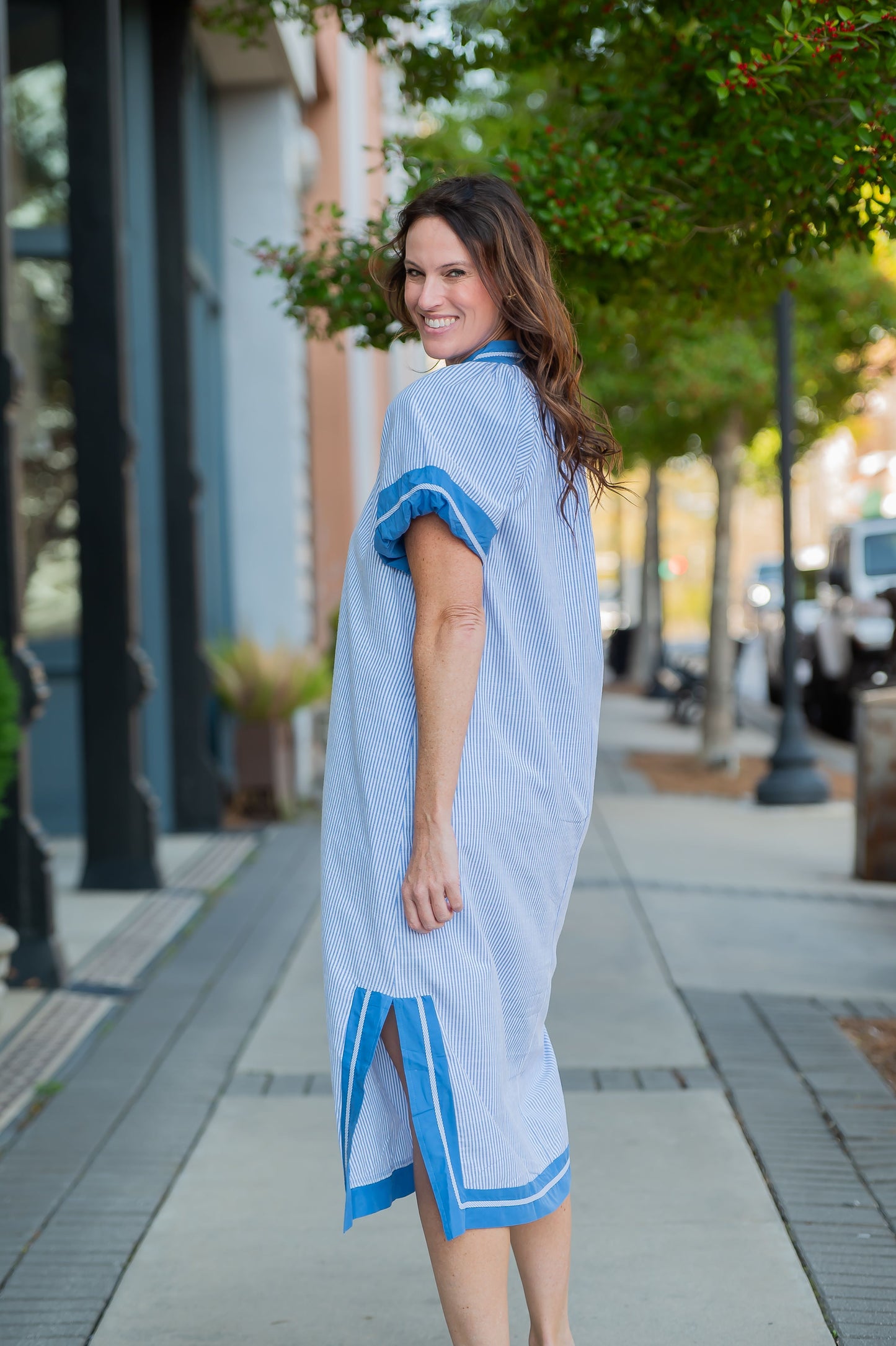 Jade Pinstripe Contrast Trim Midi Dress