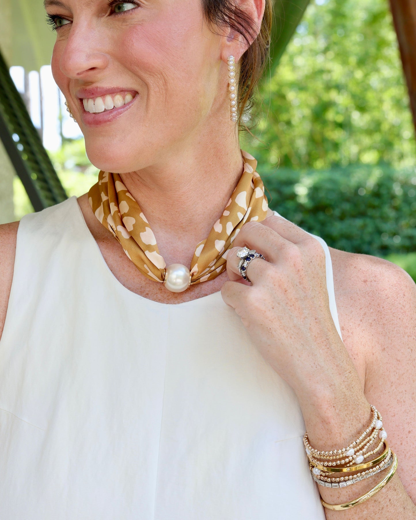 Pammie Magnetic Pearl Scarf Necklace Taupe