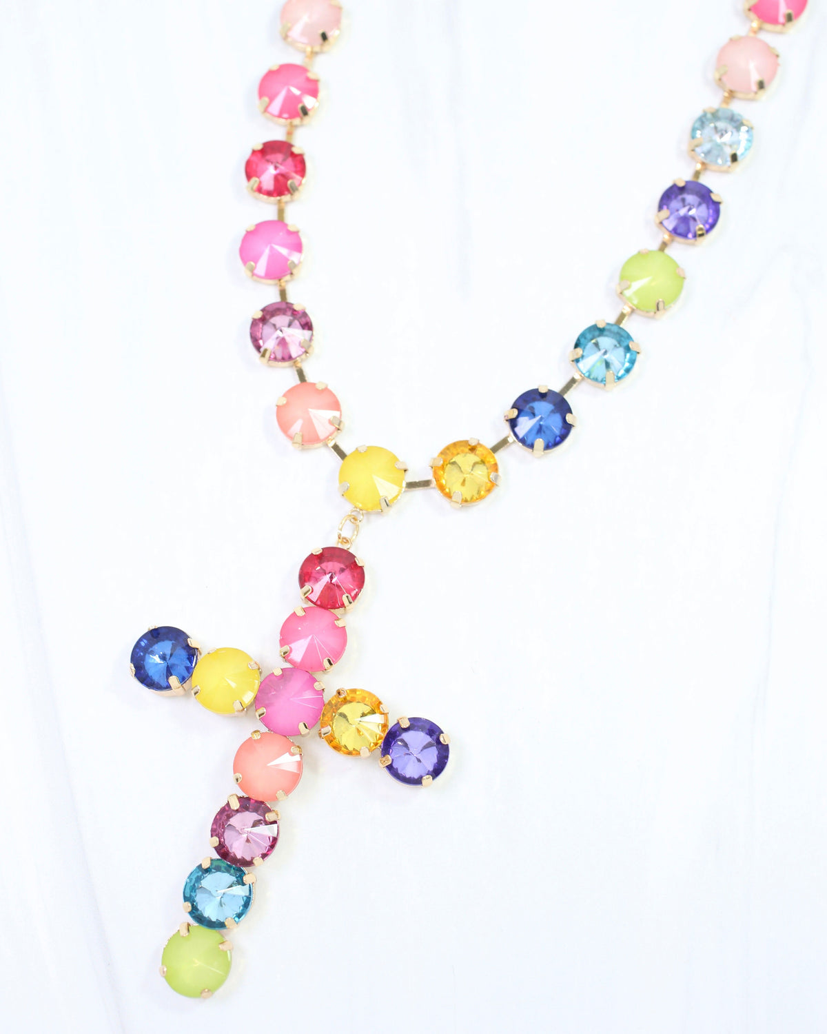 Shalimar Medium Cross Rhinestone Necklace Rainbow