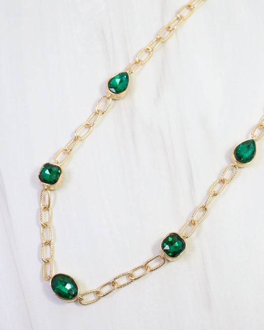 Elena Hammered Crystal Link Necklace Emerald
