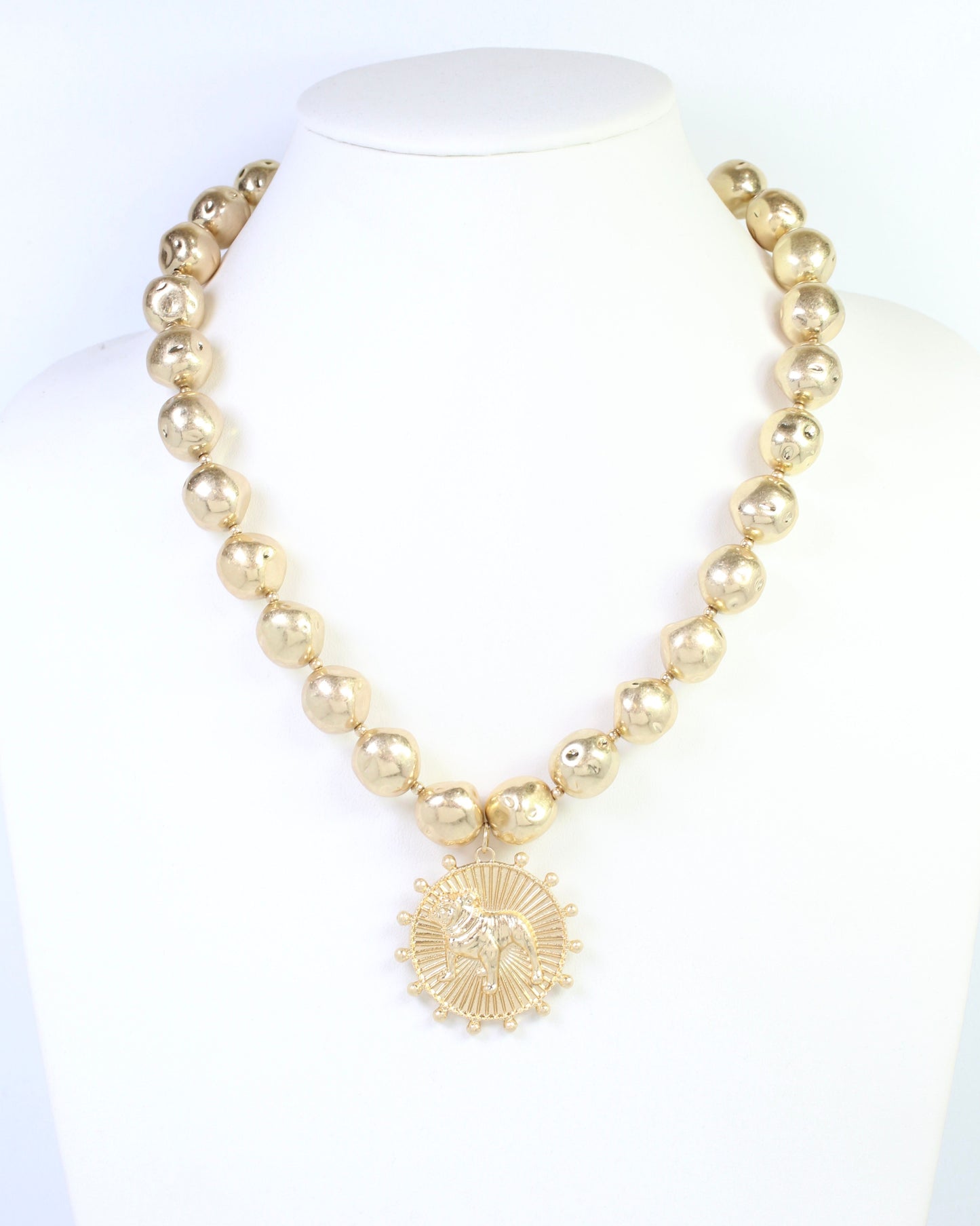 Carmen Beaded Coin Necklace-Standing Bulldog Worn Gold