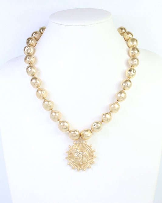 Carmen Beaded Coin Necklace-Standing Bulldog Worn Gold