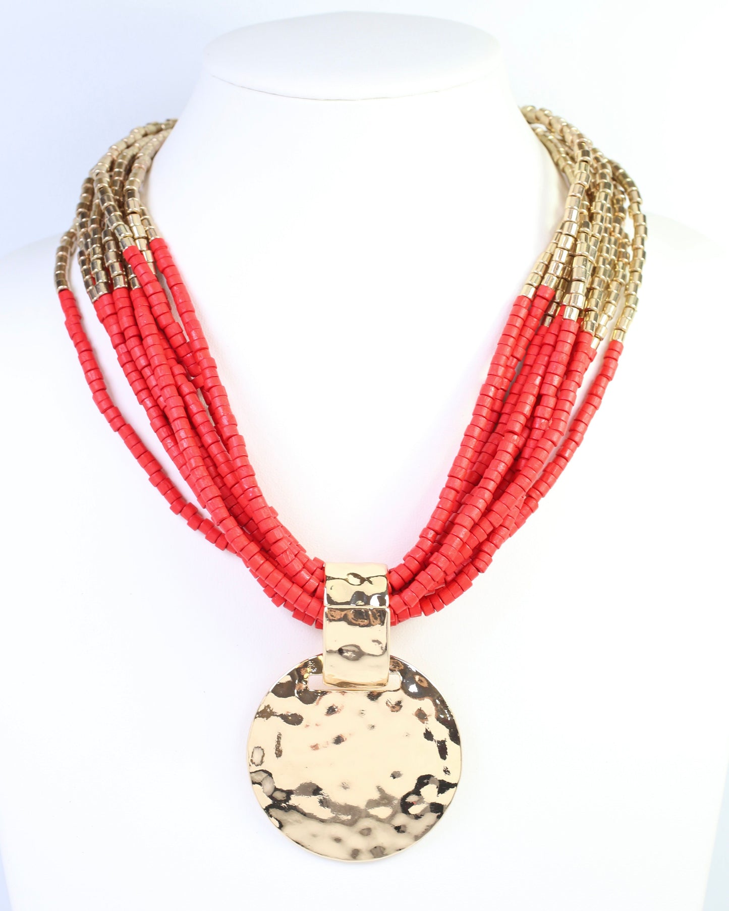 Marbella Layered Wooden Bead Necklace with Pendant Red