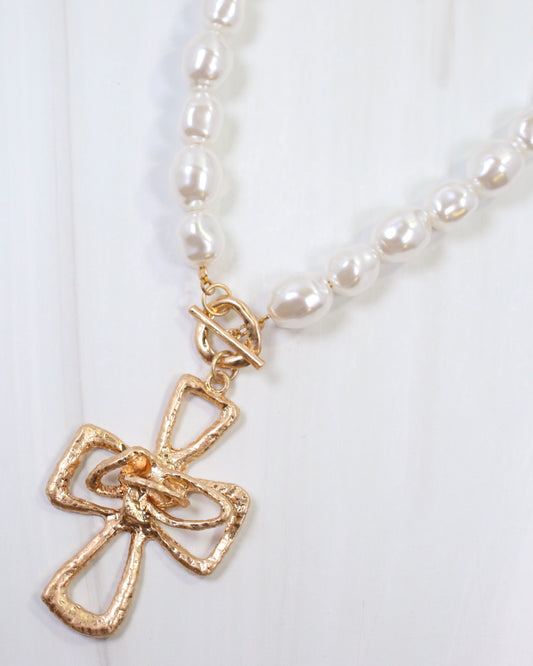 Brylee Pearl Beaded Cross Pendant Necklace Worn Gold