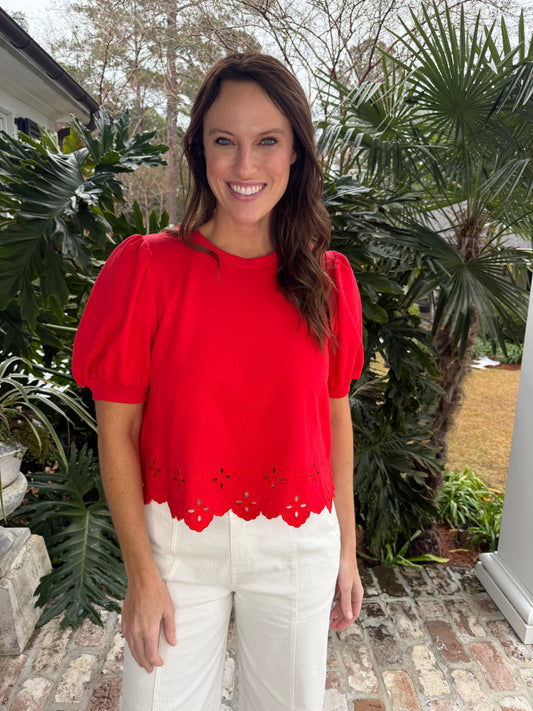 Lovely Red Short Puff Sleeve Top