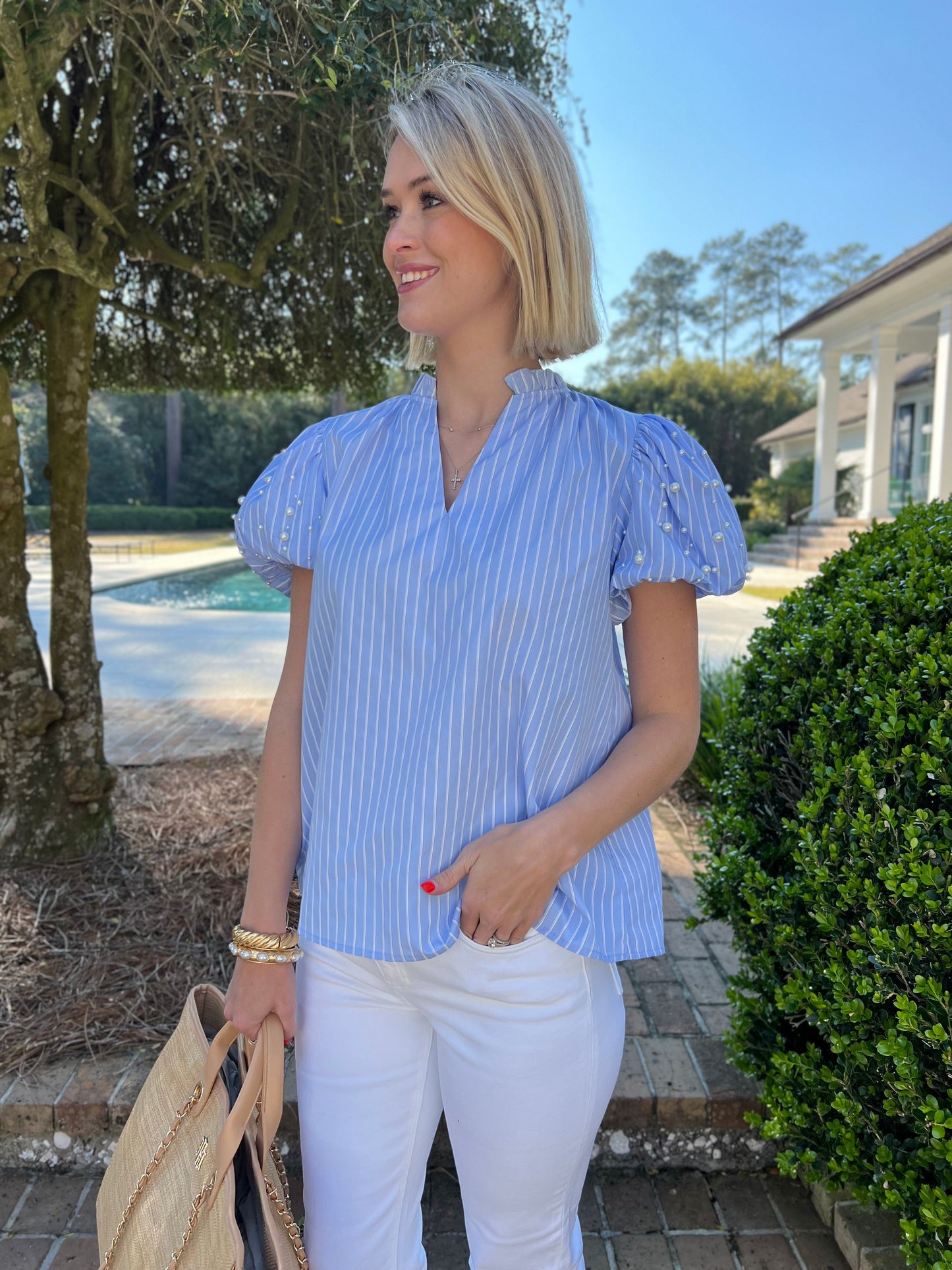 Meeting Time Blue Stripe Short Sleeve Top