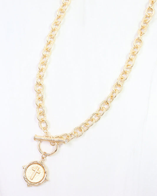 Mona Coin Cross Toggle Necklace Gold