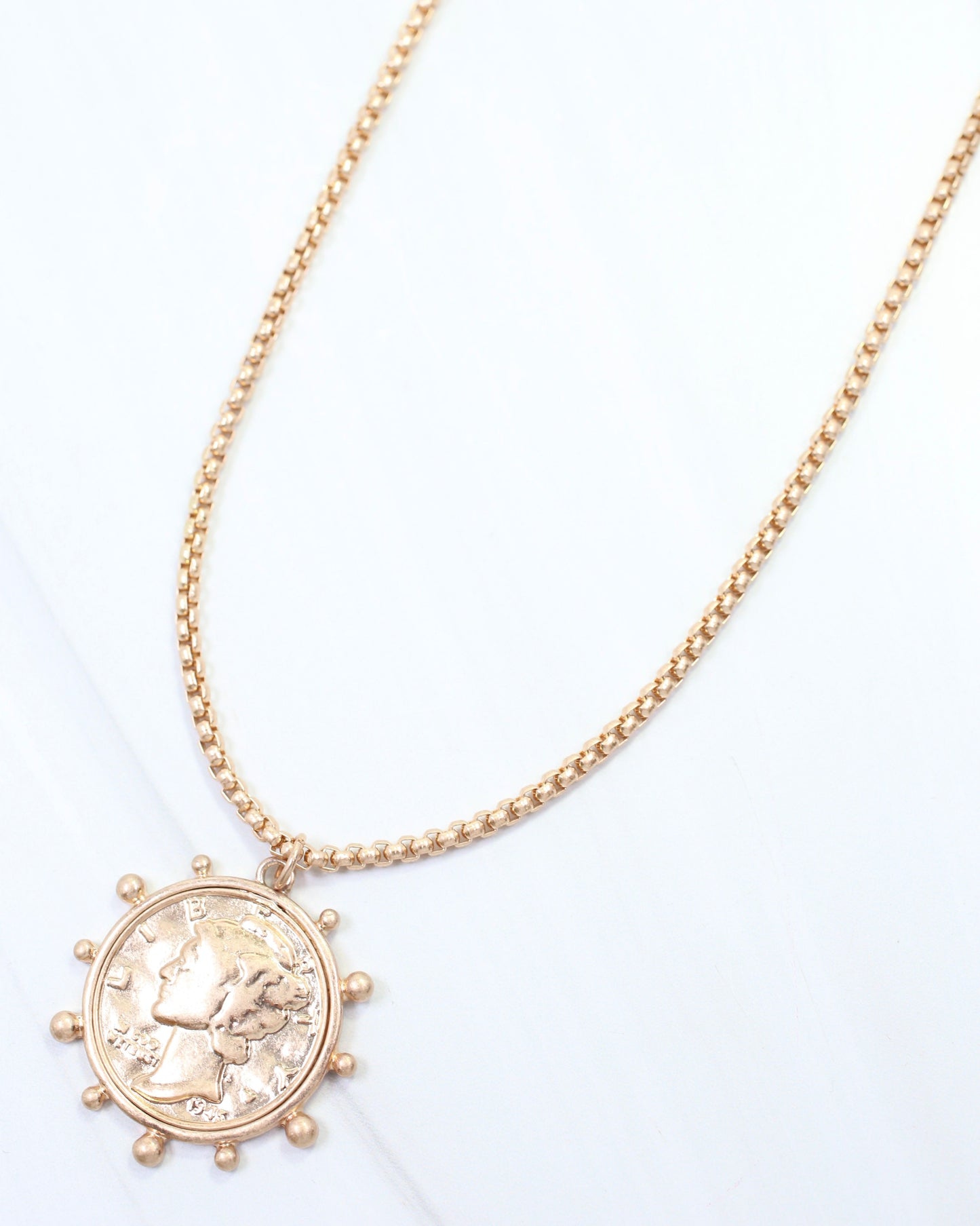 Celia Coin Pendant Chain Necklace Worn Gold