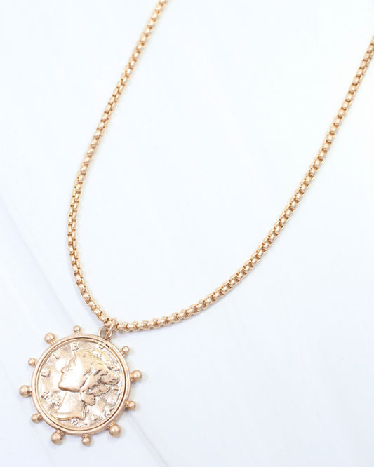 Celia Coin Pendant Chain Necklace Worn Gold