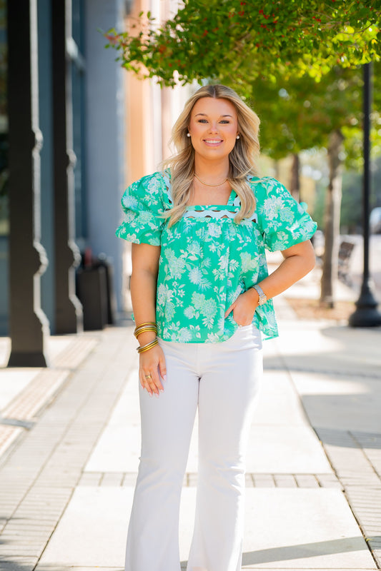 Hazleton Floral Printed RicRac Detail Top