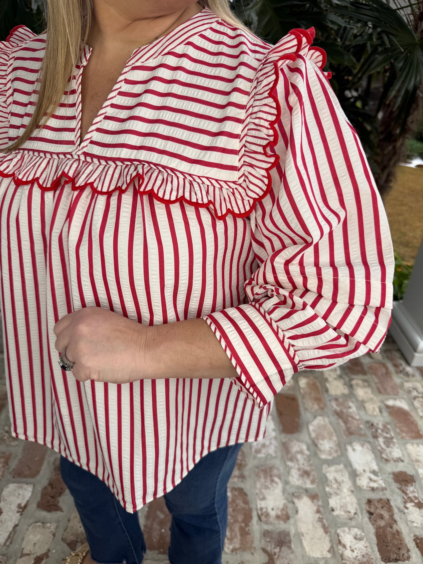 Red & White Stripe 3/4 Sleeve Top