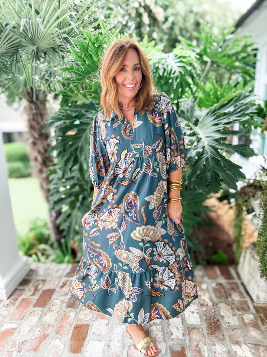 Bree Boho Print Midi Dress- Teal