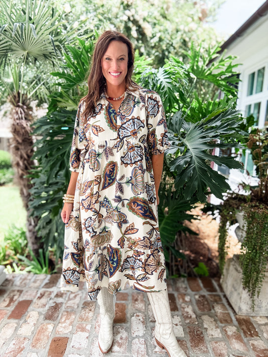 Bree Boho Print Midi Dress- Cream