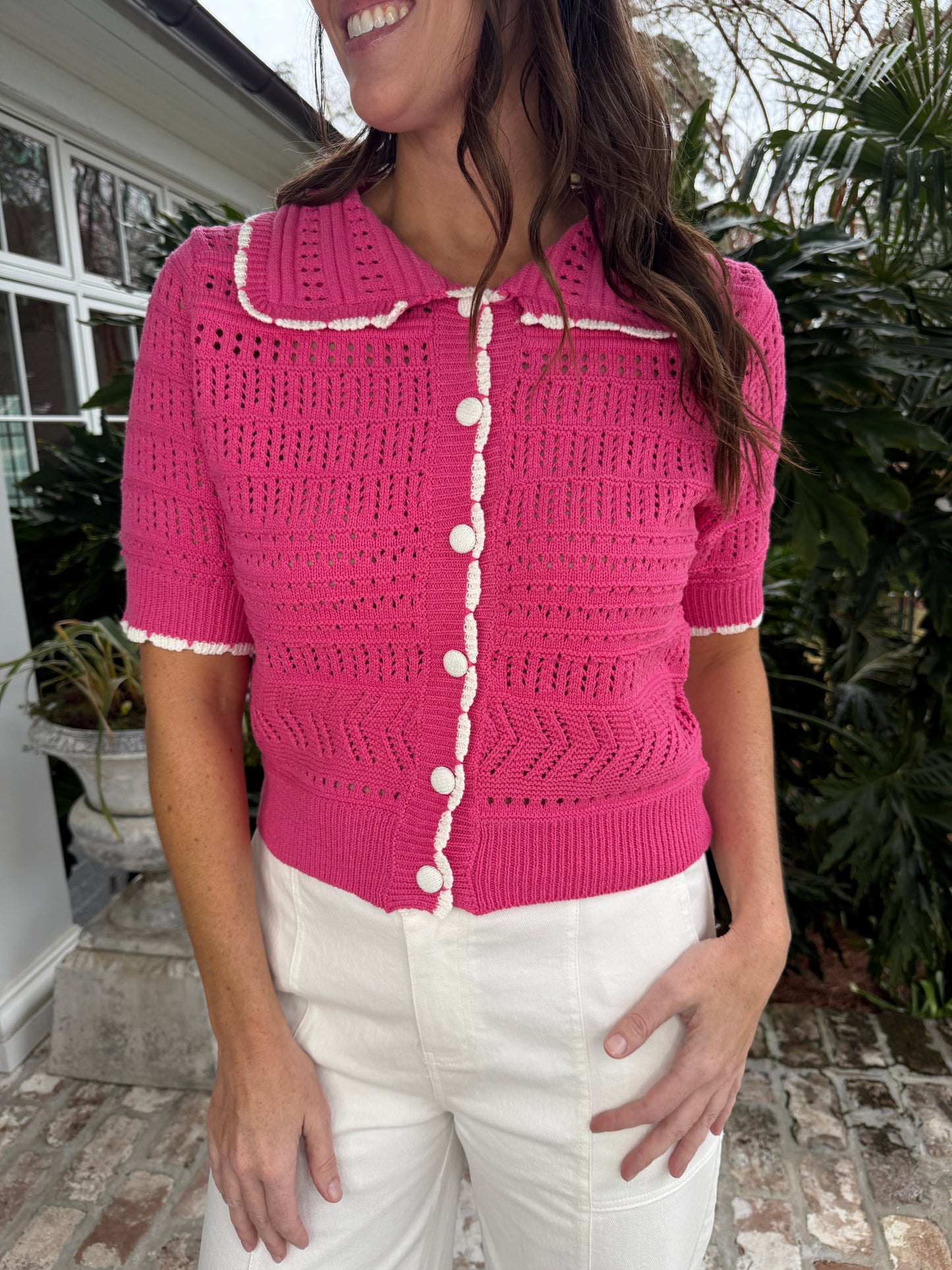 Plan On Pink Short Sleeve Crochet Sweater