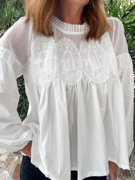 White Lace Applique Long Sleeve Top