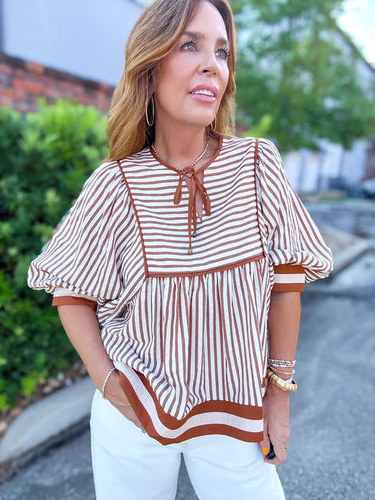 Chrissy Striped Top- Brown