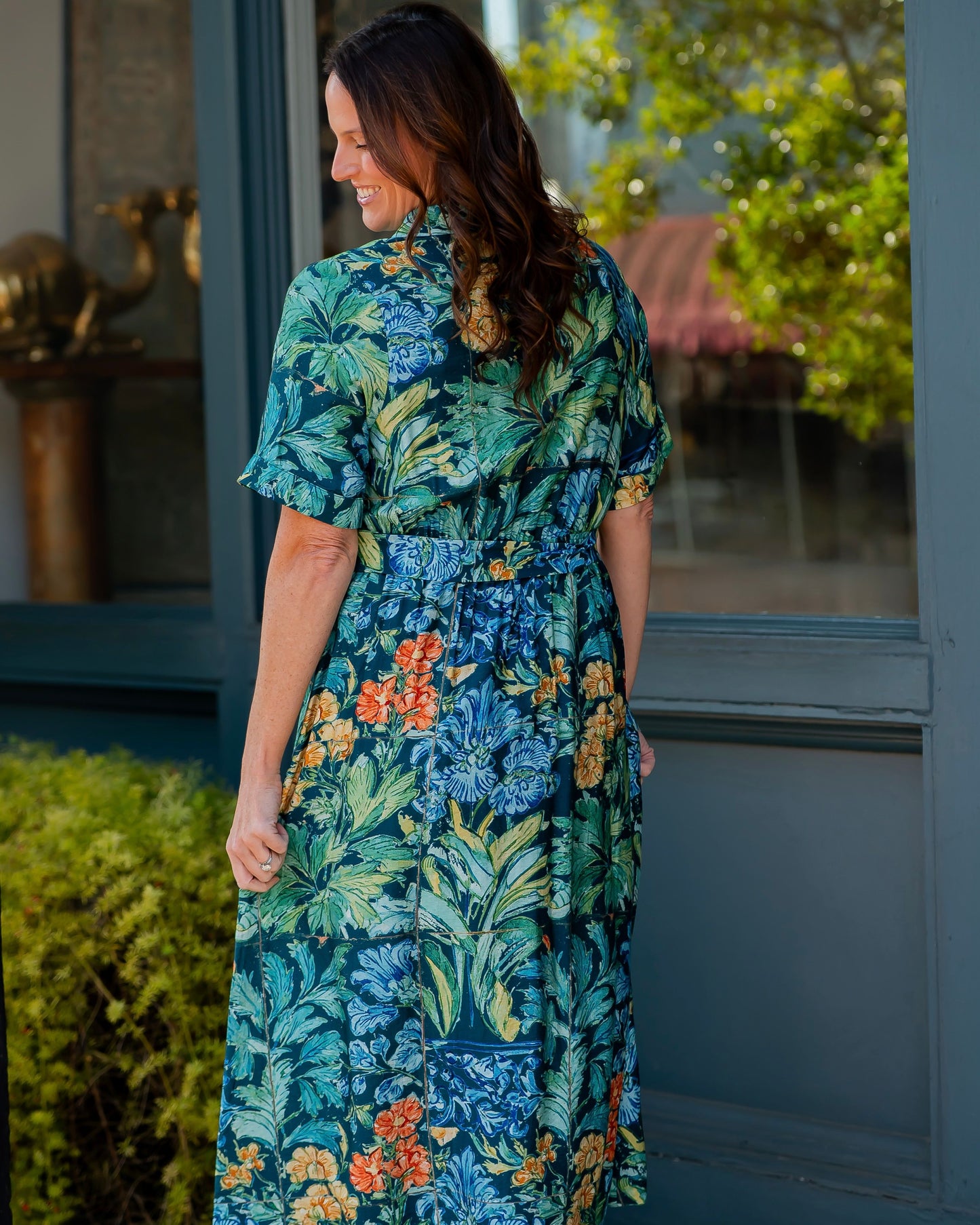 Maya Tropical Print Button Down Dress-Navy