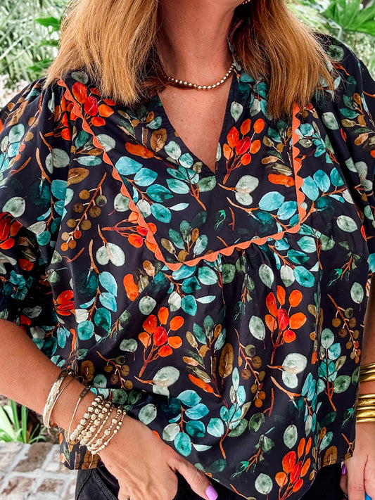 Lawton Black Botanical Print Top