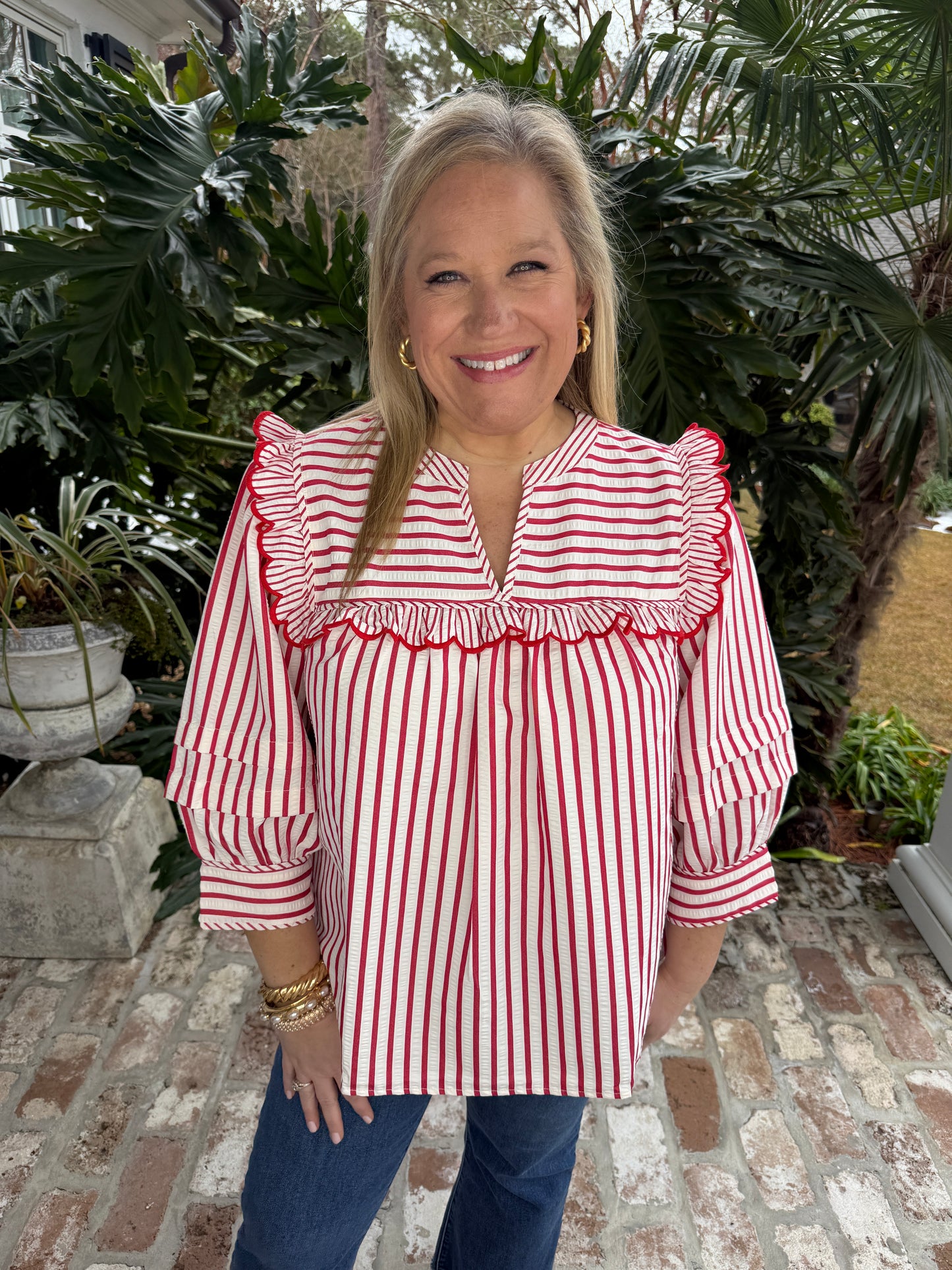 Red & White Stripe 3/4 Sleeve Top