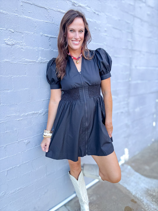 Beckwith V-Neck Zip Dress- Black