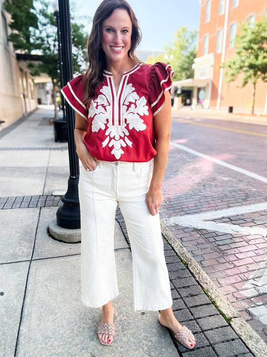 Fleur De Lis Rust Flutter Sleeve Top