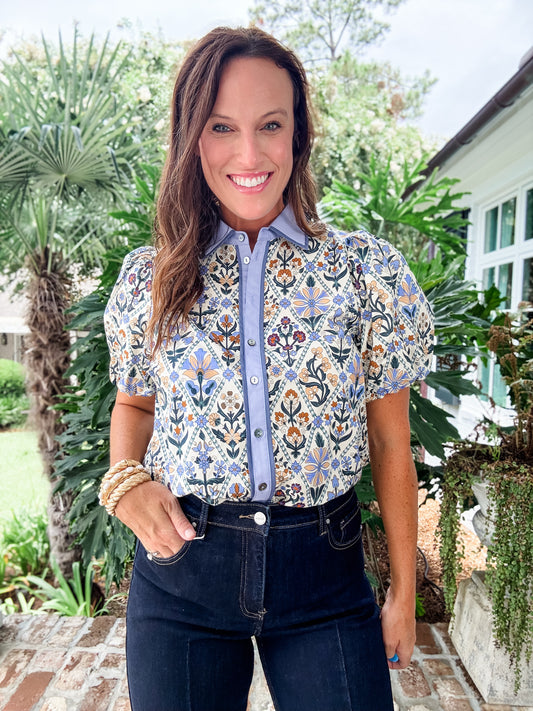 Minnie Blue Multi Floral Button Up Top