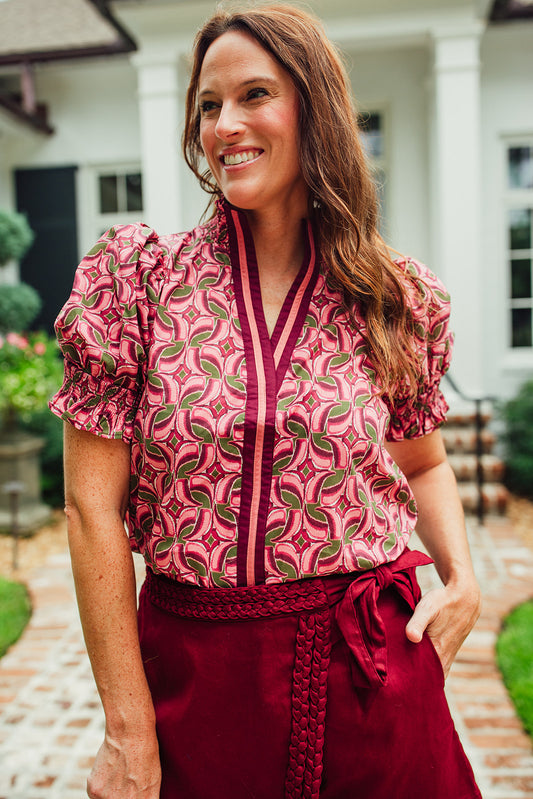 Marissa Abstract Print Top- Garnet