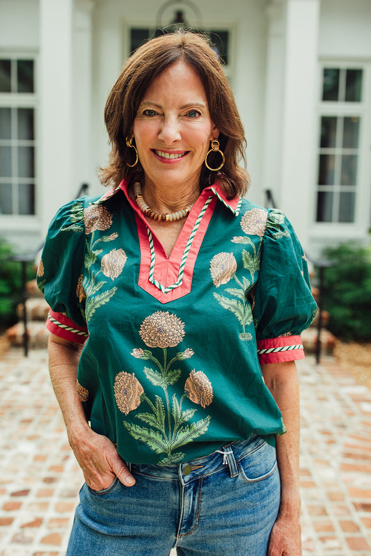 Northlake Floral Top with Collar- Hunter