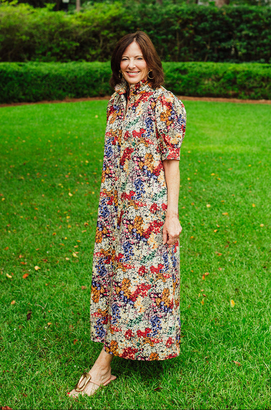 Margaux  Floral Poplin Ruffled Collar Midi Dress