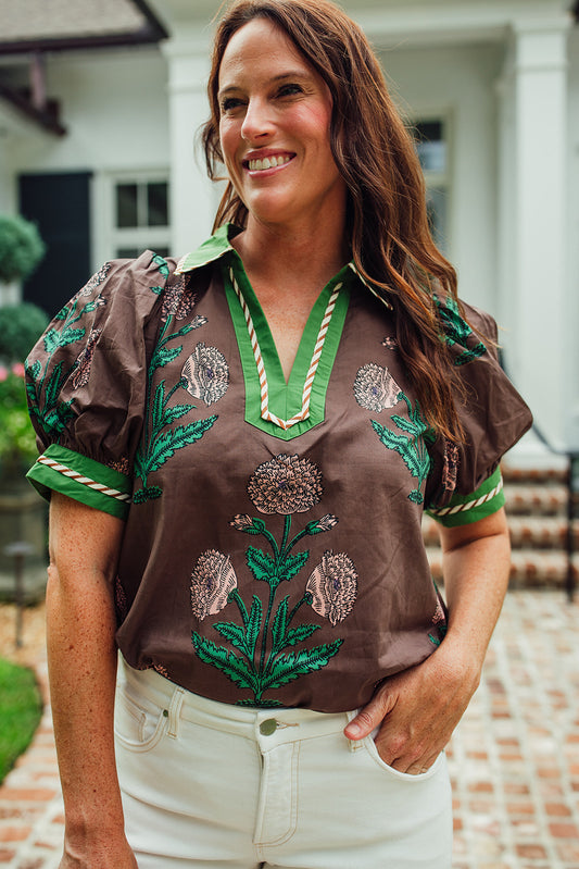 Northlake Floral Top with Collar- Brown