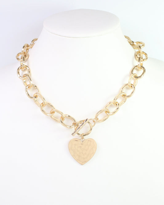 Emi Hammered Heart Charm Toggle Necklace Worn Gold