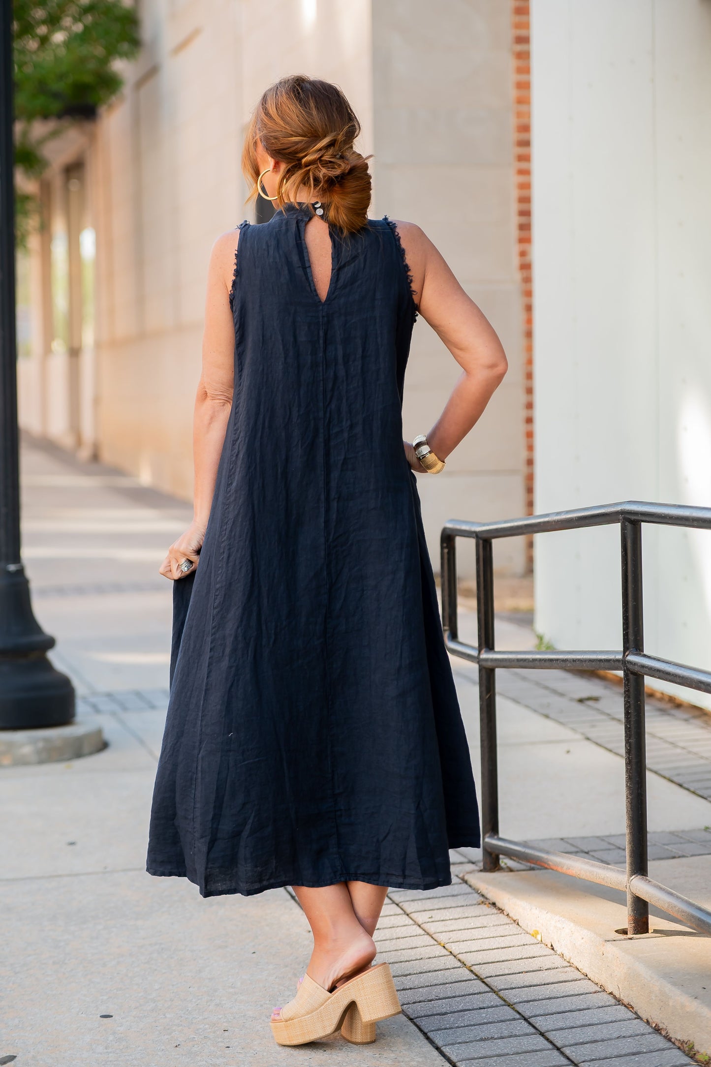 Madrid Mock Neck Linen Dress - Navy