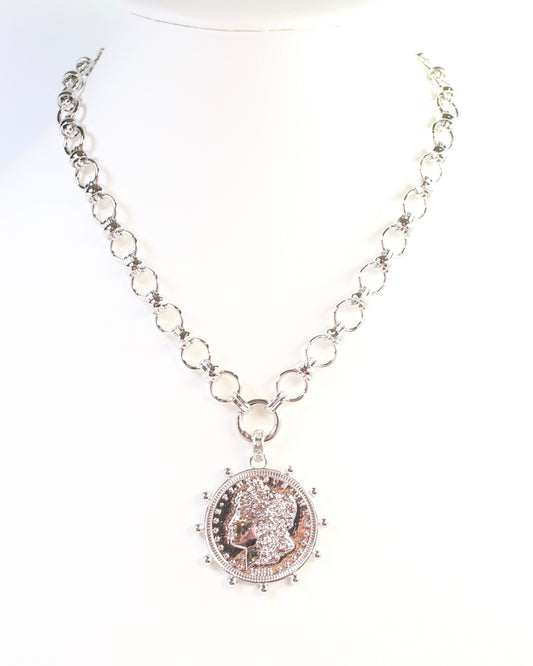 Chandra Coin Charm Necklace Silver