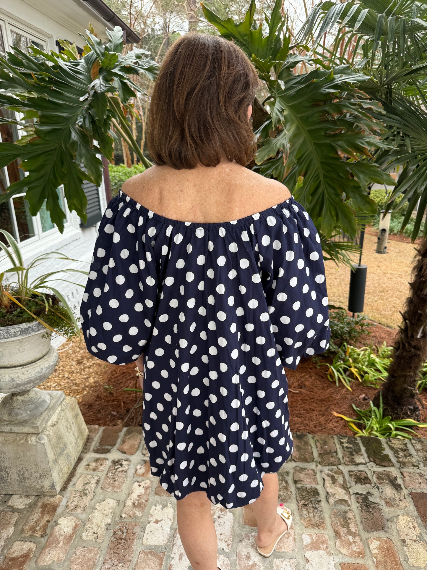 Voluminous Navy Polka Dot Print Dress