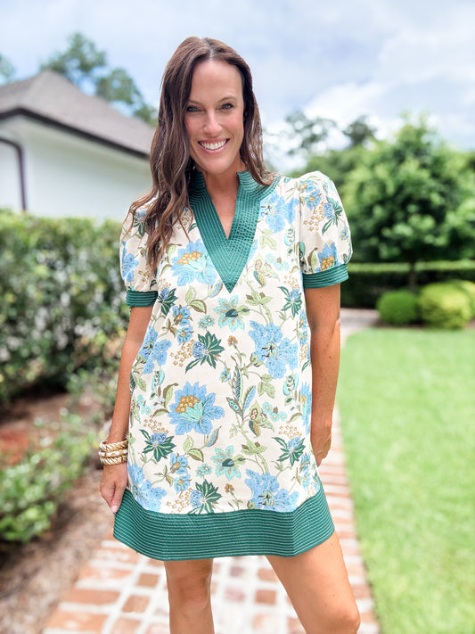 Jessie Floral Short Sleeve Mini Dress- Ecru