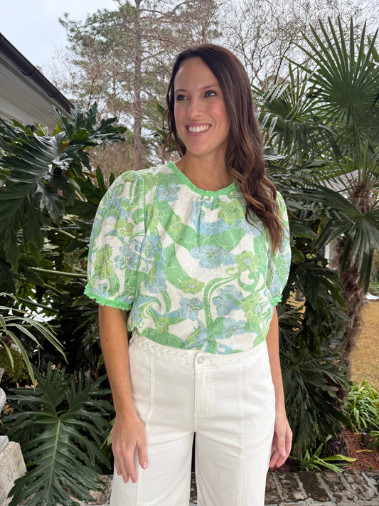 Pollie Green Floral Embroidered Lace Top