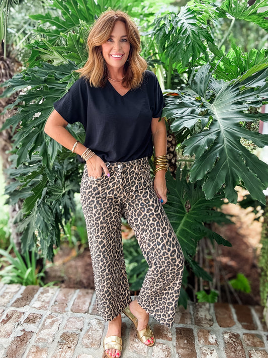 Vervet Olivia High Rise Crop Wide Leg- Leopard