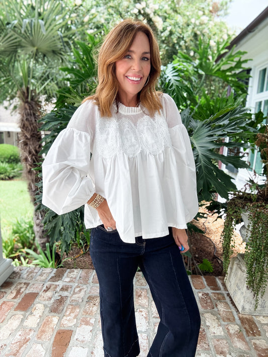 White Lace Applique Long Sleeve Top