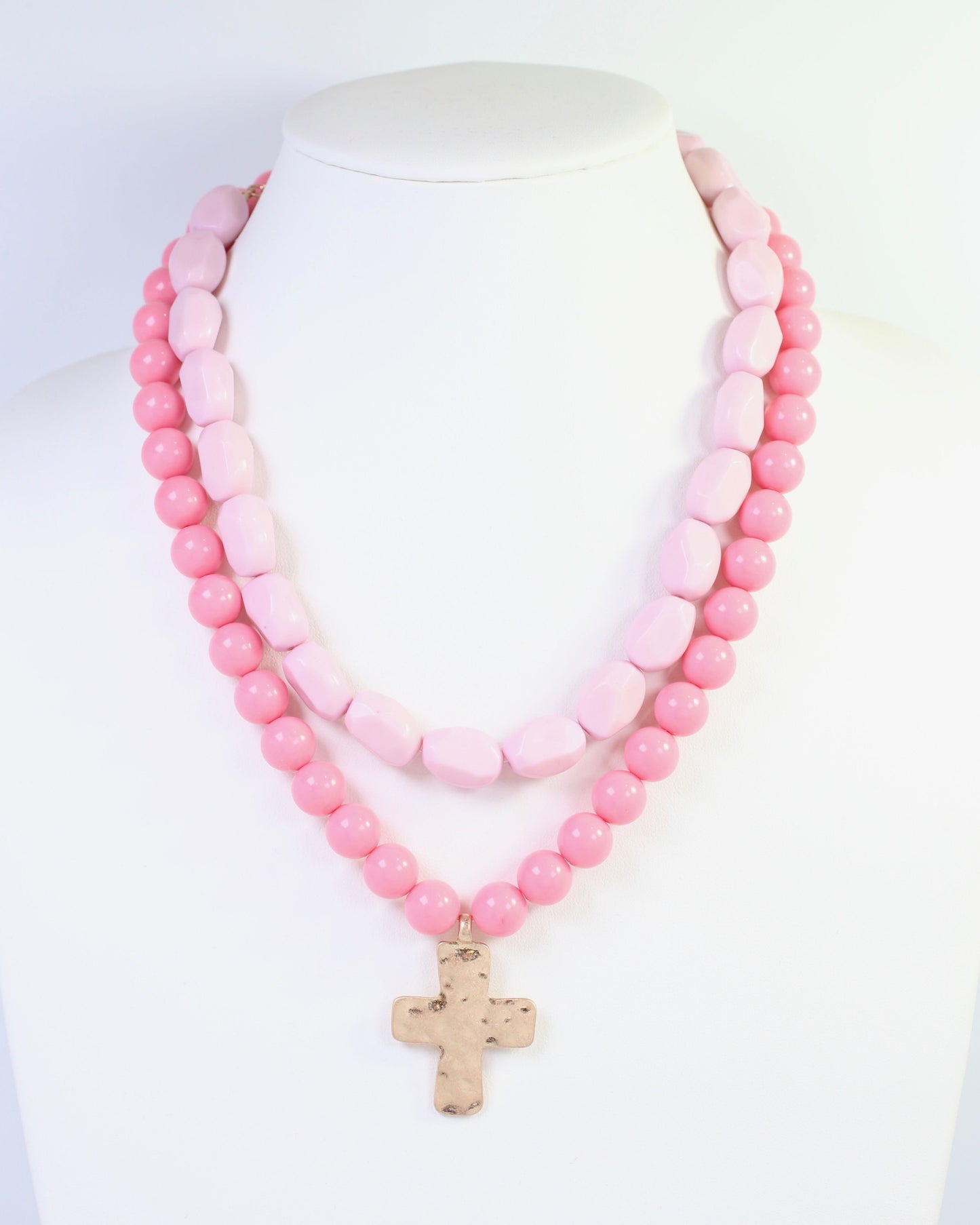 Pedy Cross Layered Beaded Necklace Pink