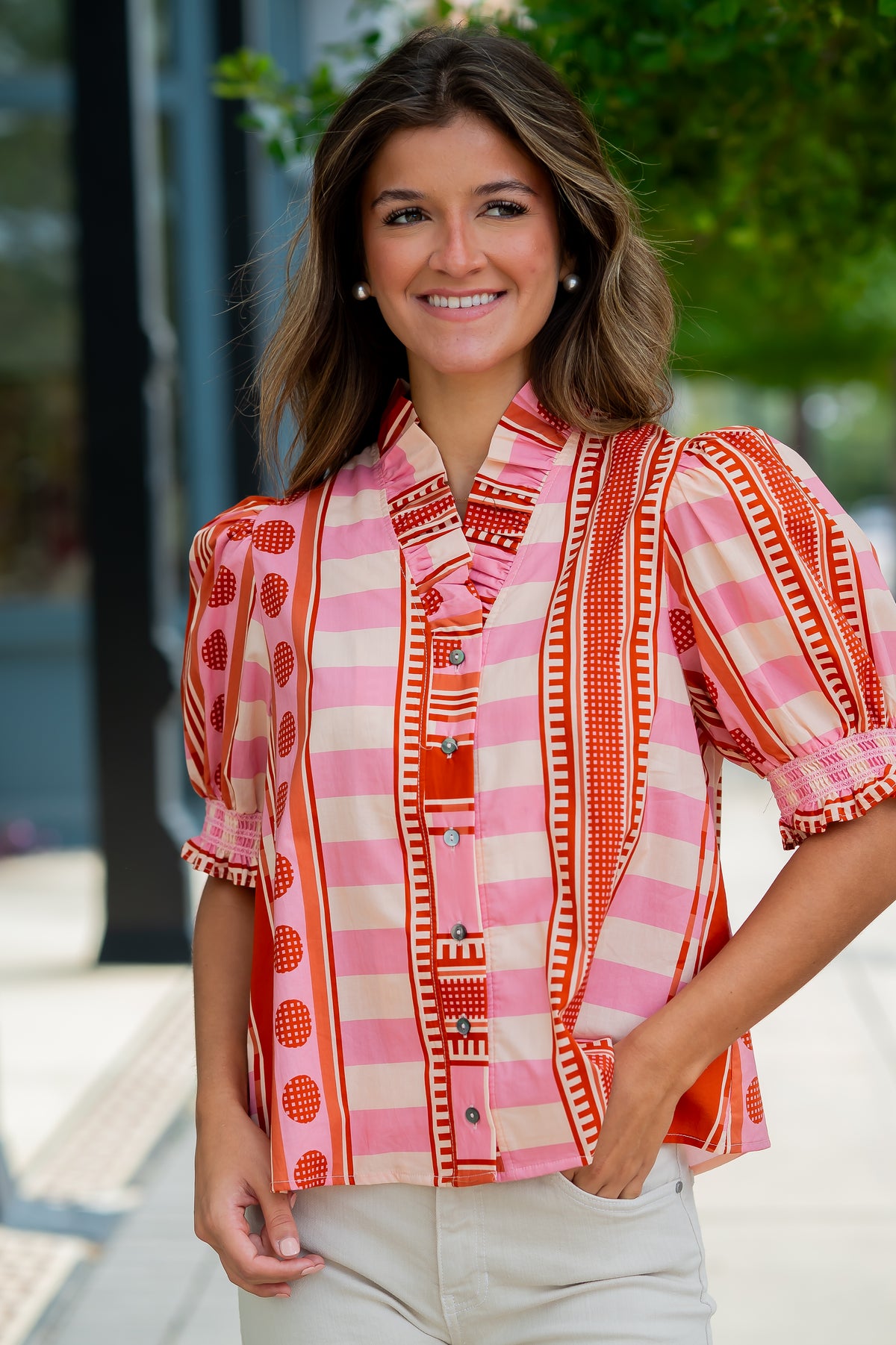 Emry Mixed Print Top-Rust