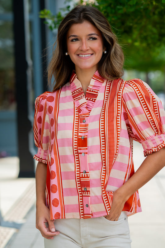 Emry Mixed Print Top-Rust
