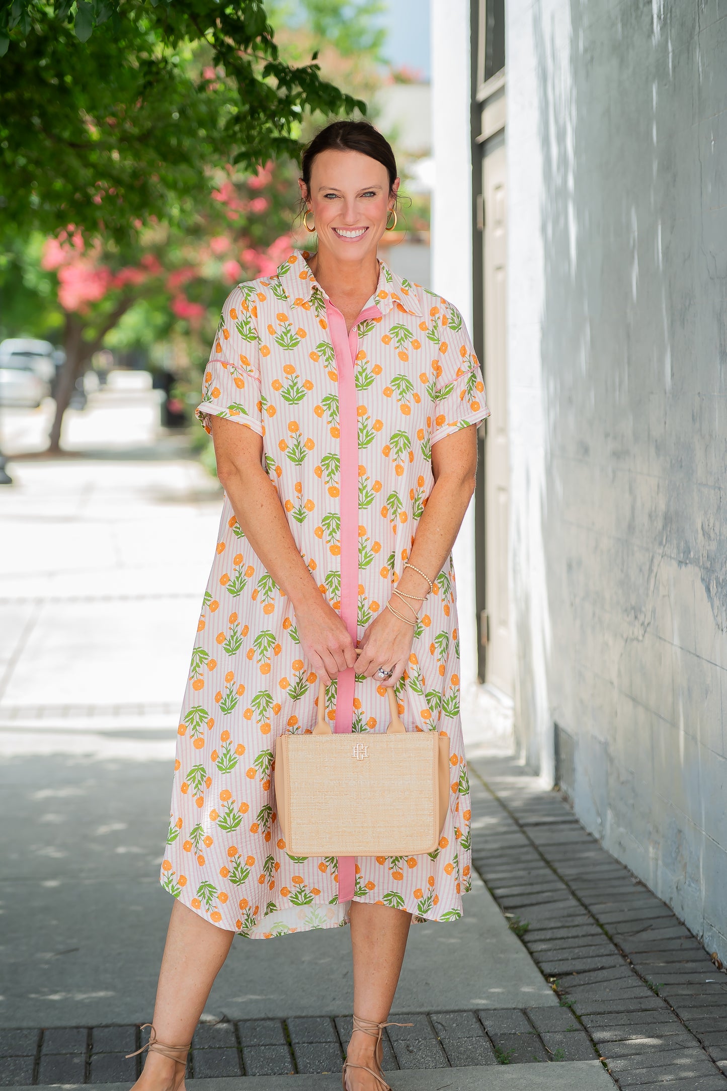 Polly Striped Floral Dress-Pink