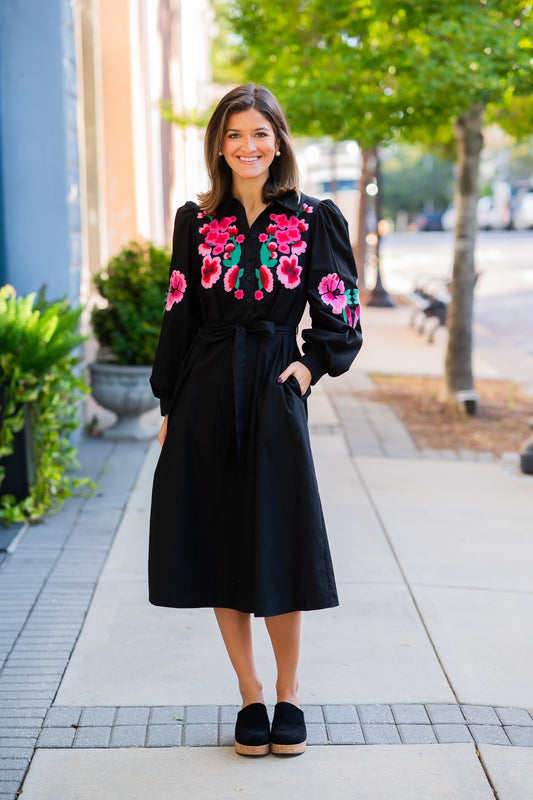 Kayla Floral Accent Dress-Black
